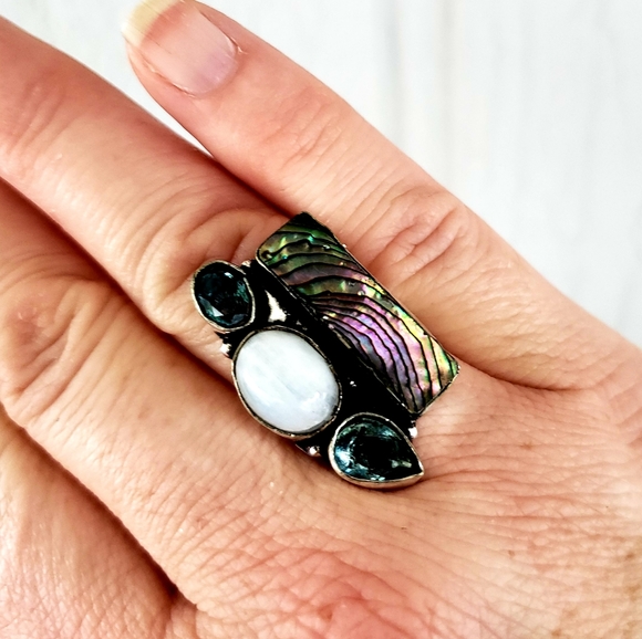 New Abalone Shell, Rainbow Moonstone, Blue Topaz 925 Silver Ring. - Picture 3 of 6